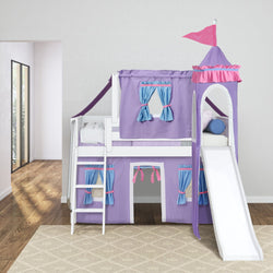 WOW27 WS : Loft Bed Twin Low Loft Bed with Angled Ladder, Curtain, Top Tent, Tower + Slide, Slat, White