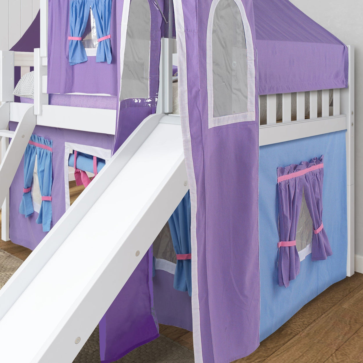 WOW27 WS : Play Loft Beds Twin Low Loft Bed with Angled Ladder, Curtain, Top Tent, Tower + Slide, Slat, White