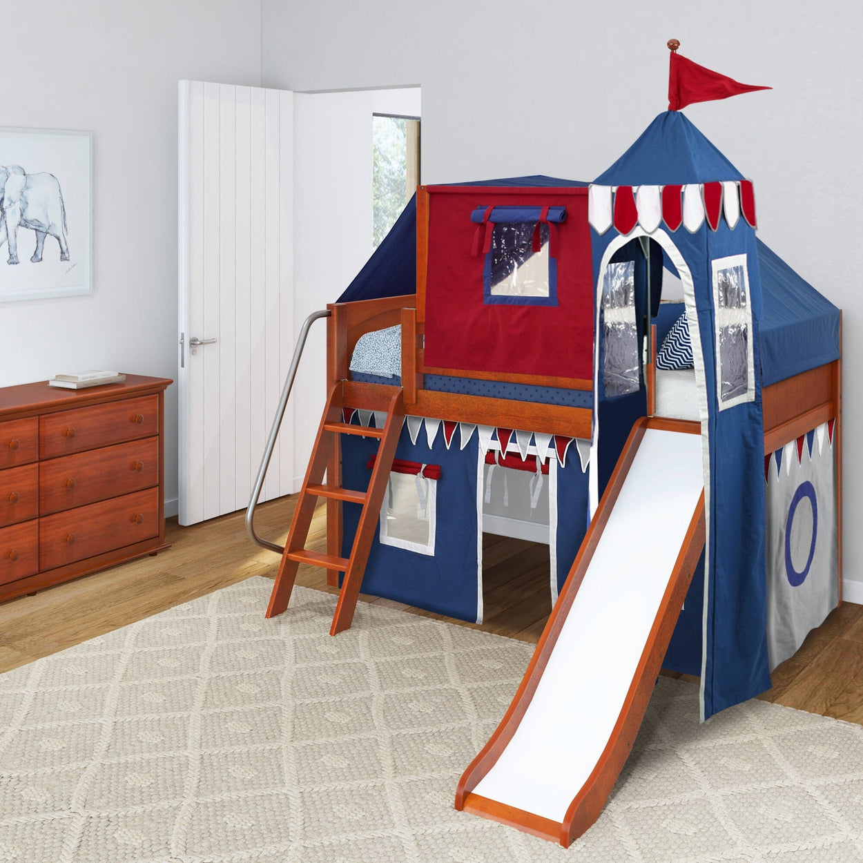 WOW44 CP : Play Loft Beds Twin Low Loft Bed with Angled Ladder, Curtain, Top Tent, Tower + Slide, Panel, Chestnut