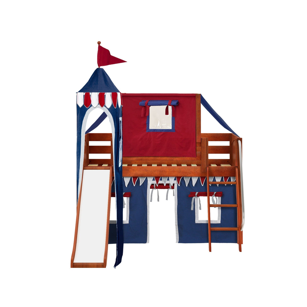 WOW44 CP : Play Loft Beds Twin Low Loft Bed with Angled Ladder, Curtain, Top Tent, Tower + Slide, Panel, Chestnut