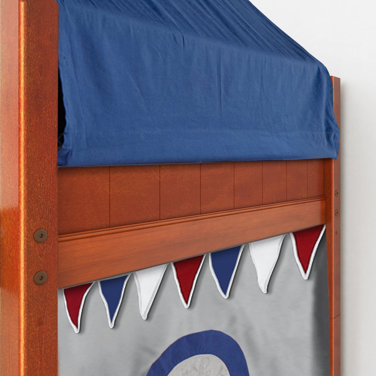 WOW44 CP : Loft Bed Twin Low Loft Bed with Angled Ladder, Curtain, Top Tent, Tower + Slide, Panel, Chestnut