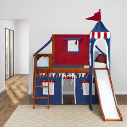 WOW44 CP : Play Loft Beds Twin Low Loft Bed with Angled Ladder, Curtain, Top Tent, Tower + Slide, Panel, Chestnut