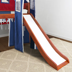 WOW44 CP : Loft Bed Twin Low Loft Bed with Angled Ladder, Curtain, Top Tent, Tower + Slide, Panel, Chestnut