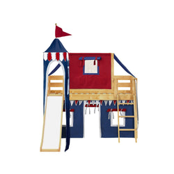 WOW44 NP : Play Loft Beds Twin Low Loft Bed with Angled Ladder, Curtain, Top Tent, Tower + Slide, Panel, Natural