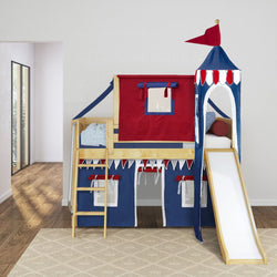 WOW44 NP : Loft Bed Twin Low Loft Bed with Angled Ladder, Curtain, Top Tent, Tower + Slide, Panel, Natural