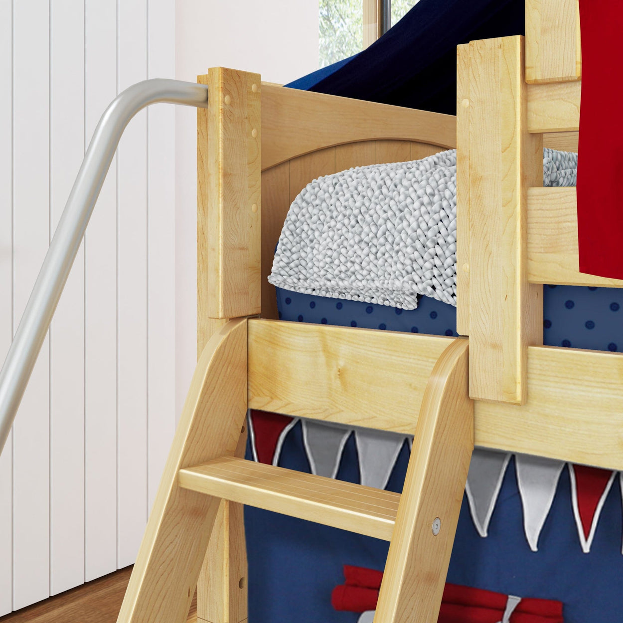 WOW44 NP : Play Loft Beds Twin Low Loft Bed with Angled Ladder, Curtain, Top Tent, Tower + Slide, Panel, Natural