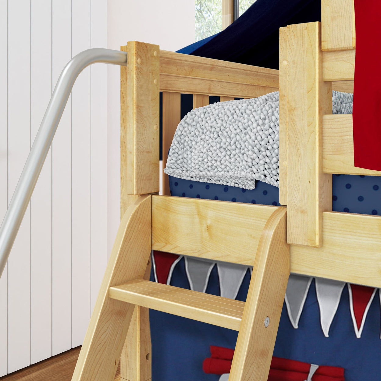 WOW44 NS : Loft Bed Twin Low Loft Bed with Angled Ladder, Curtain, Top Tent, Tower + Slide, Slat, Natural