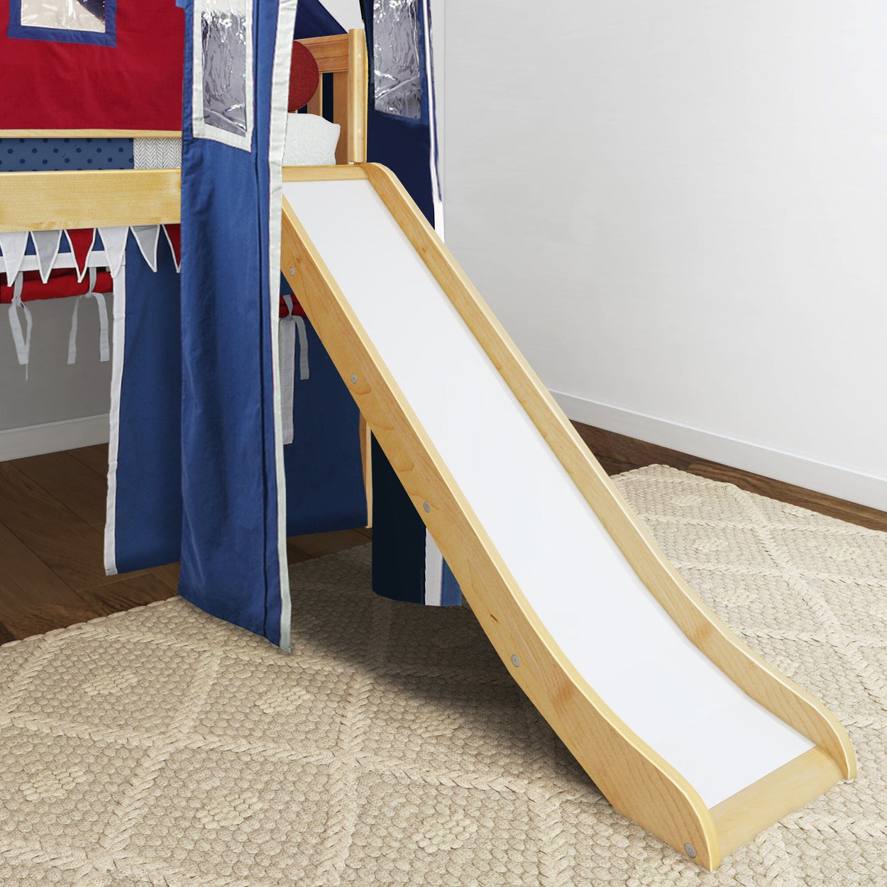 WOW44 NS : Play Loft Beds Twin Low Loft Bed with Angled Ladder, Curtain, Top Tent, Tower + Slide, Slat, Natural