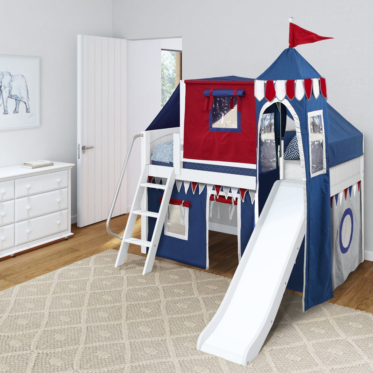 WOW44 WP : Loft Bed Twin Low Loft Bed with Angled Ladder, Curtain, Top Tent, Tower + Slide, Panel, White