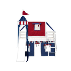 WOW44 WP : Play Loft Beds Twin Low Loft Bed with Angled Ladder, Curtain, Top Tent, Tower + Slide, Panel, White