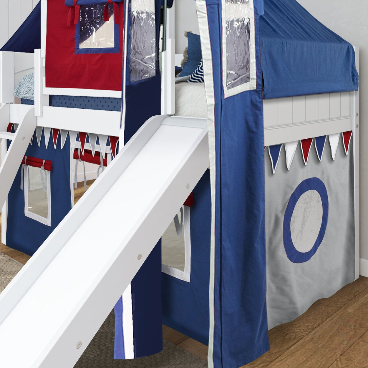 WOW44 WP : Play Loft Beds Twin Low Loft Bed with Angled Ladder, Curtain, Top Tent, Tower + Slide, Panel, White