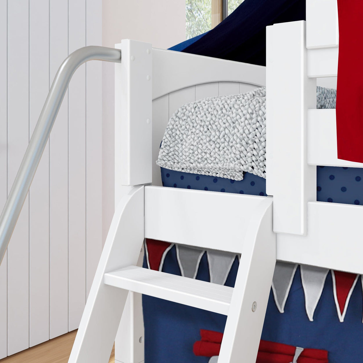 WOW44 WP : Play Loft Beds Twin Low Loft Bed with Angled Ladder, Curtain, Top Tent, Tower + Slide, Panel, White