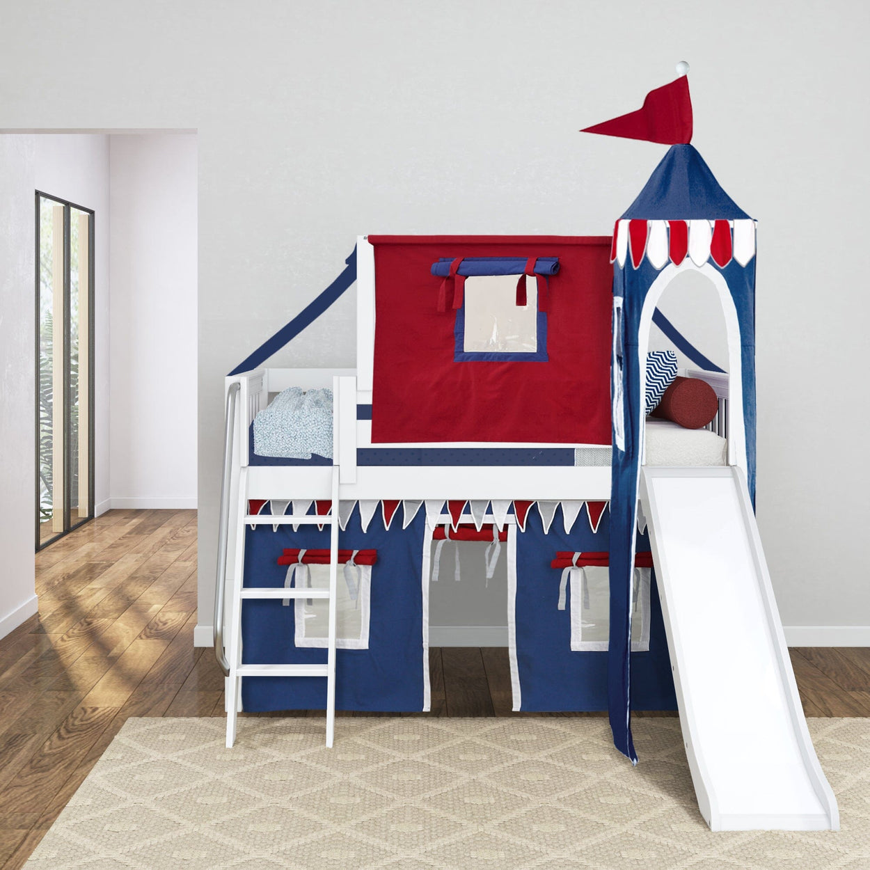 WOW44 WS : Loft Bed Twin Low Loft Bed with Angled Ladder, Curtain, Top Tent, Tower + Slide, Slat, White