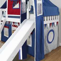 WOW44 WS : Loft Bed Twin Low Loft Bed with Angled Ladder, Curtain, Top Tent, Tower + Slide, Slat, White