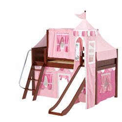 WOW64 CP : Play Loft Beds Twin Low Loft Bed with Angled Ladder, Curtain, Top Tent, Tower + Slide, Panel, Chestnut