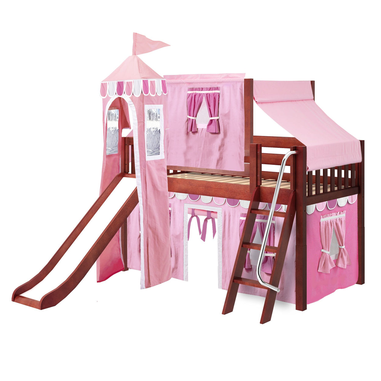 WOW64 CS : Play Loft Beds Twin Low Loft Bed with Angled Ladder, Curtain, Top Tent, Tower + Slide, Slat, Chestnut