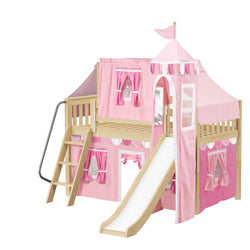 WOW64 NS : Play Loft Beds Twin Low Loft Bed with Angled Ladder, Curtain, Top Tent, Tower + Slide, Slat, Natural