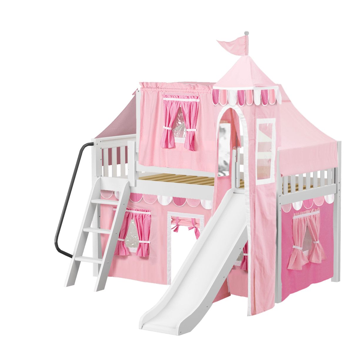 WOW64 WS : Play Loft Beds Twin Low Loft Bed with Angled Ladder, Curtain, Top Tent, Tower + Slide, Slat, White