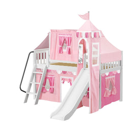 WOW64 WS : Loft Bed Twin Low Loft Bed with Angled Ladder, Curtain, Top Tent, Tower + Slide, Slat, White