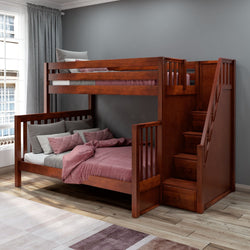 WRESTLER XL CS : Bunk Bed High Twin XL over Queen Bunk Bed with Stairs, Slat, Chestnut