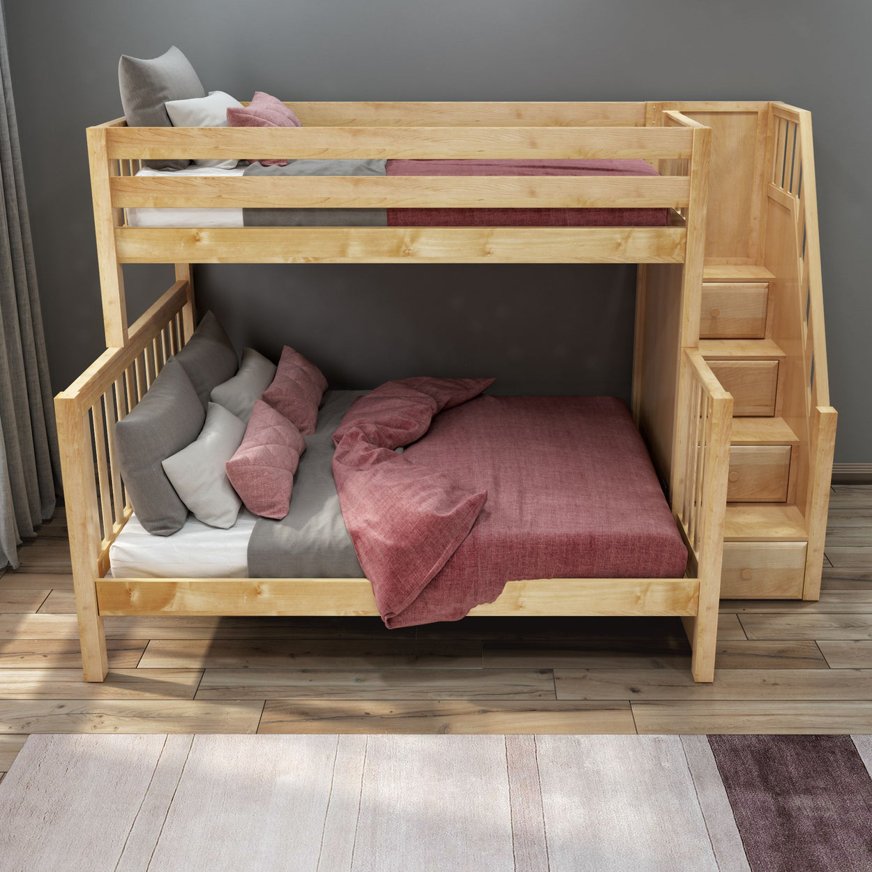 WRESTLER XL NS : Bunk Bed High Twin XL over Queen Bunk Bed with Stairs, Slat, Natural