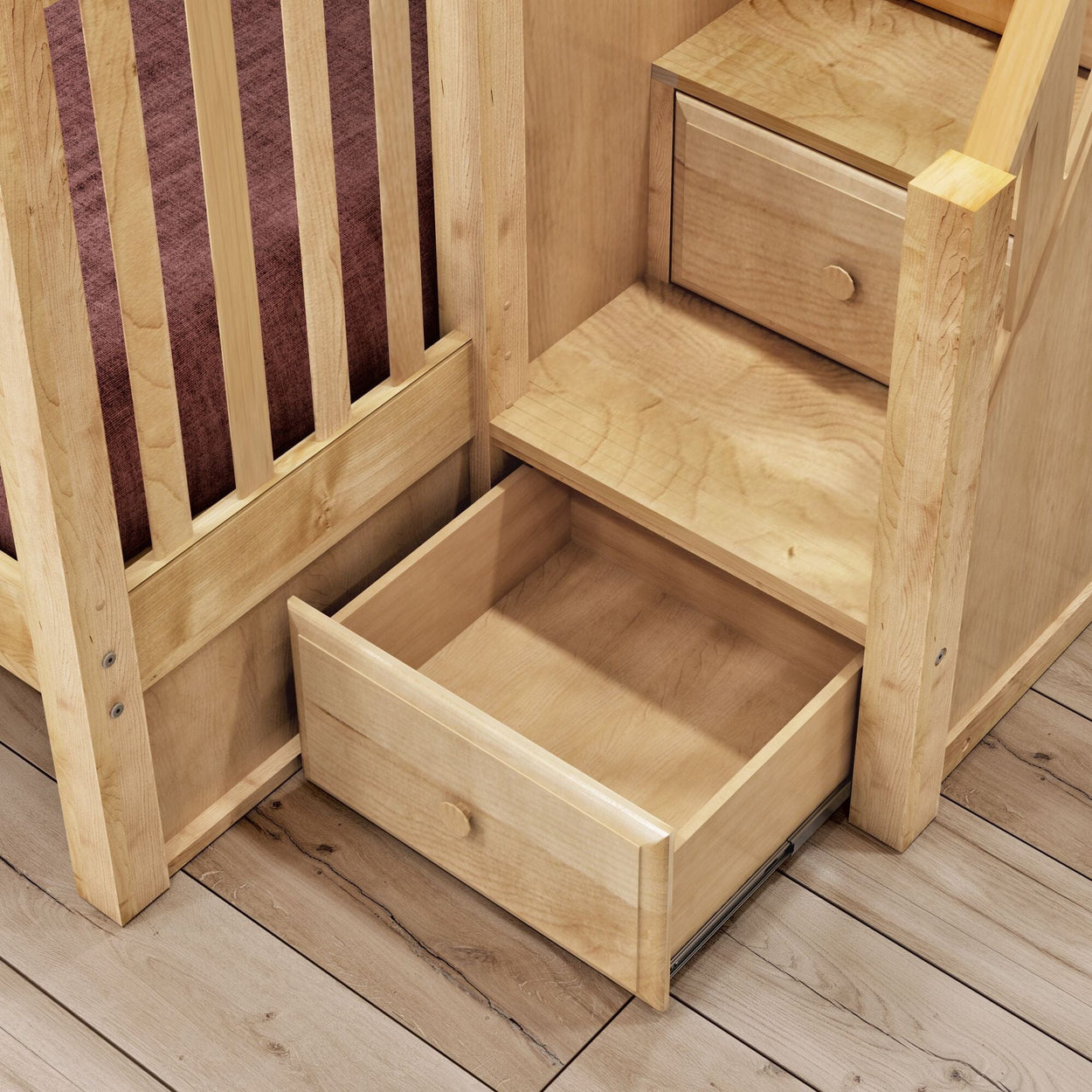 WRESTLER XL NS : Staggered Bunk Beds High Twin XL over Queen Bunk Bed with Stairs, Slat, Natural