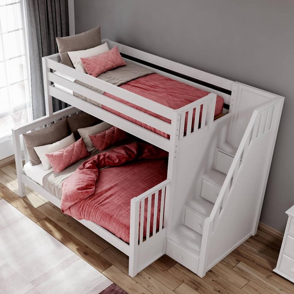 WRESTLER XL WS : Bunk Bed High Twin XL over Queen Bunk Bed with Stairs, Slat, White