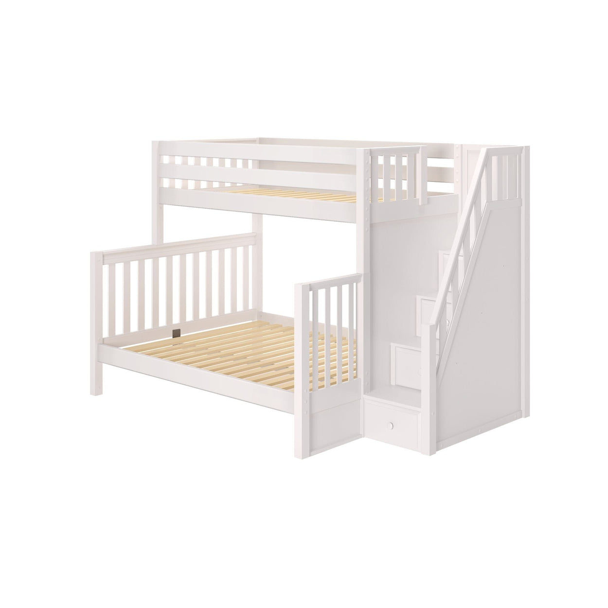 WRESTLER XL WS : Staggered Bunk Beds High Twin XL over Queen Bunk Bed with Stairs, Slat, White