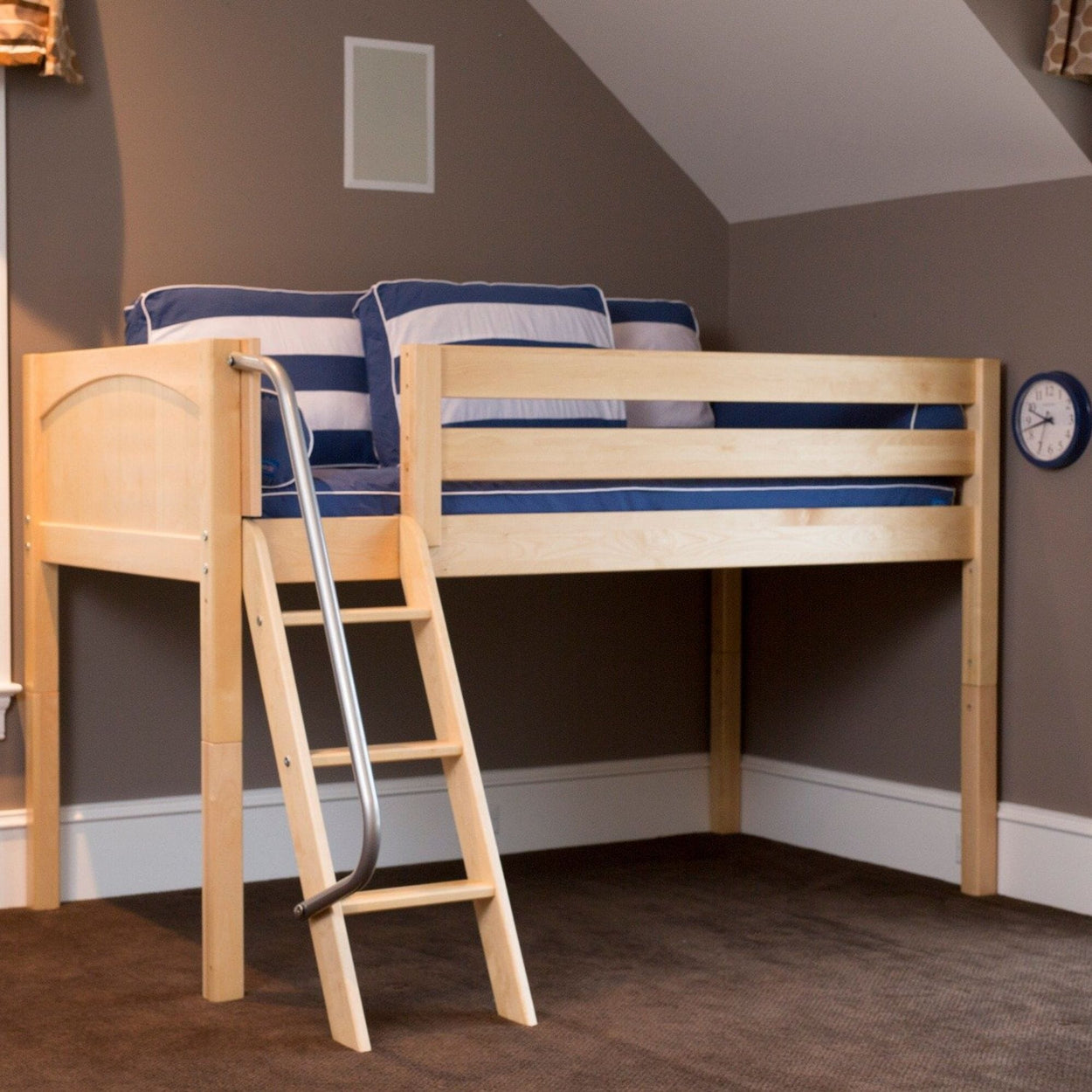 XL NP : Loft Bed Full Low Loft Bed with Angled Ladder on Front, Panel, Natural