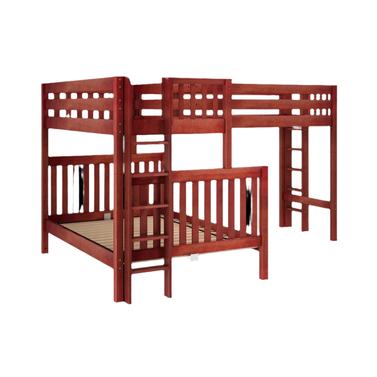 TRINITARIAN XL 1 CS : Multiple Bunk Beds Twin XL over Queen + Twin XL High Corner Loft Bunk with Straight Ladders on Ends, Slat, Chestnut