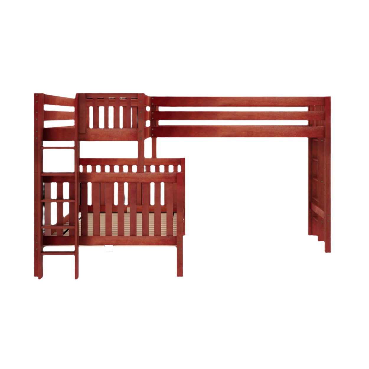 TRINITARIAN XL 1 CS : Multiple Bunk Beds Twin XL over Queen + Twin XL High Corner Loft Bunk with Straight Ladders on Ends, Slat, Chestnut