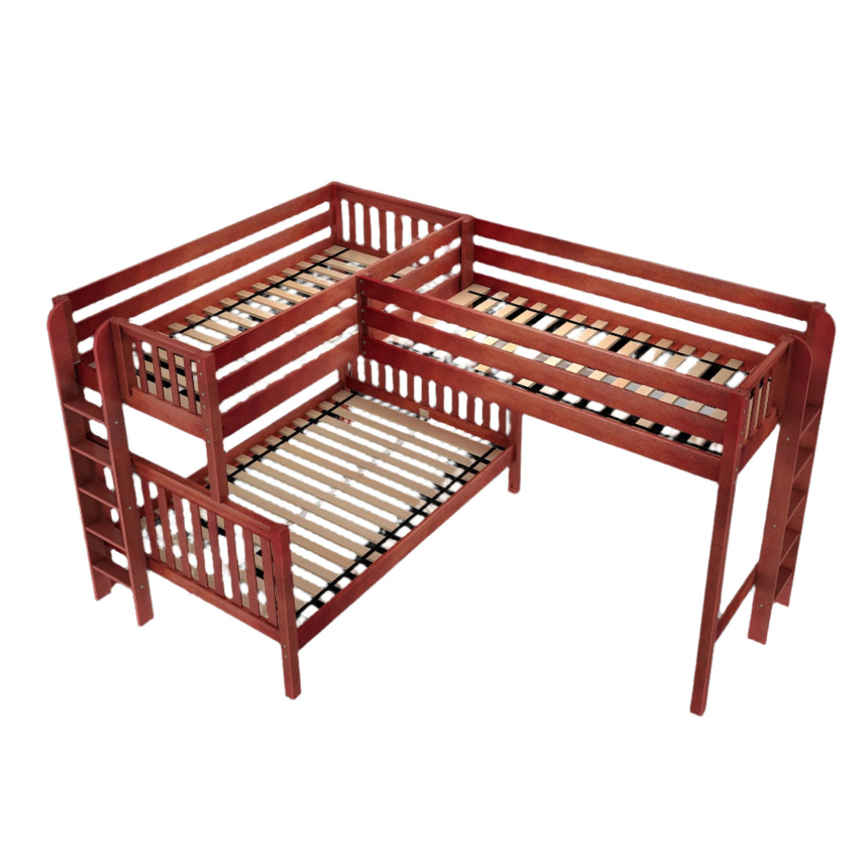 TRINITARIAN XL 1 CS : Multiple Bunk Beds Twin XL over Queen + Twin XL High Corner Loft Bunk with Straight Ladders on Ends, Slat, Chestnut