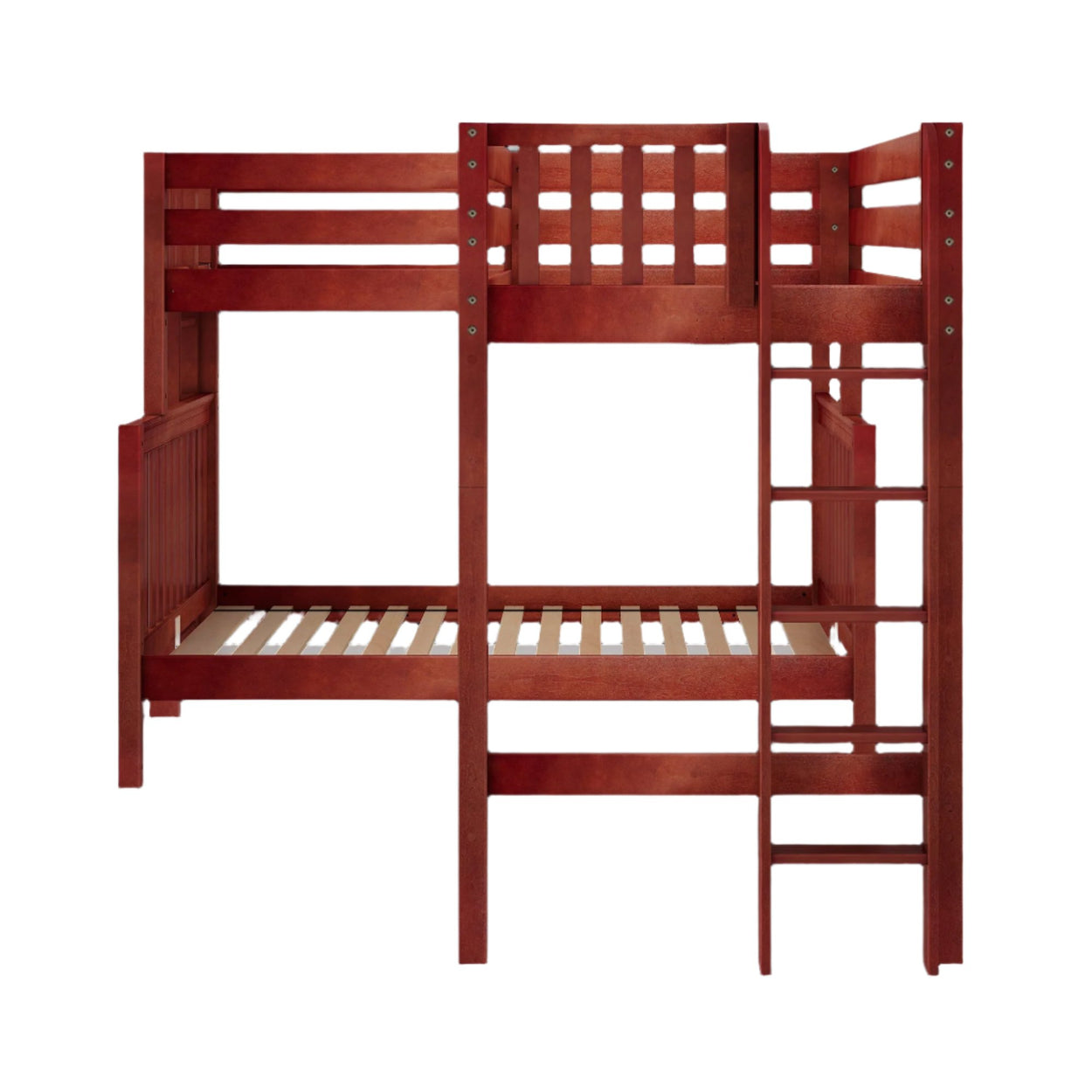 TRINITARIAN XL 1 CS : Multiple Bunk Beds Twin XL over Queen + Twin XL High Corner Loft Bunk with Straight Ladders on Ends, Slat, Chestnut