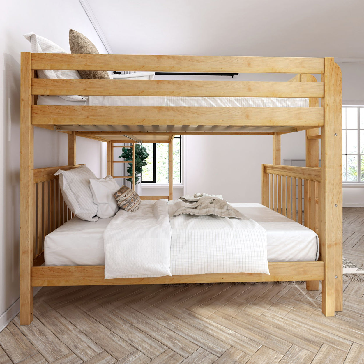 TRINITARIAN XL 1 NS : Multiple Bunk Beds Twin XL over Queen + Twin XL High Corner Loft Bunk with Straight Ladders on Ends, Slat, Natural