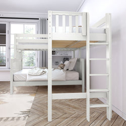 TRINITARIAN XL 1 WS : Multiple Bunk Beds Twin XL over Queen + Twin XL High Corner Loft Bunk with Straight Ladders on Ends, Slat, White