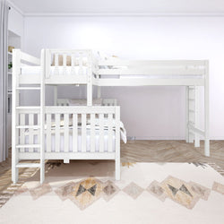 TRINITARIAN XL 1 WS : Multiple Bunk Beds Twin XL over Queen + Twin XL High Corner Loft Bunk with Straight Ladders on Ends, Slat, White