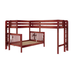 TRINITARIAN XL 1 CS : Multiple Bunk Beds Twin XL over Queen + Twin XL High Corner Loft Bunk with Straight Ladders on Ends, Slat, Chestnut